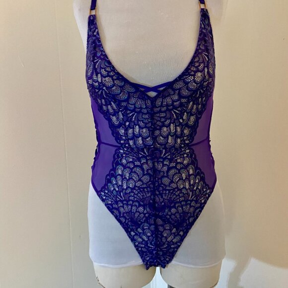 Savage x Fenty Metallic Lace Teddy Bodysuit Grape Purple Small Sheer Criss Cross - Picture 10 of 16